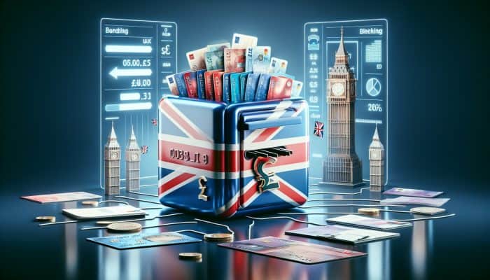 Credit cards and bills merging into a pound sterling safe, with Big Ben and Union Jack, illustrating UK debt consolidation.