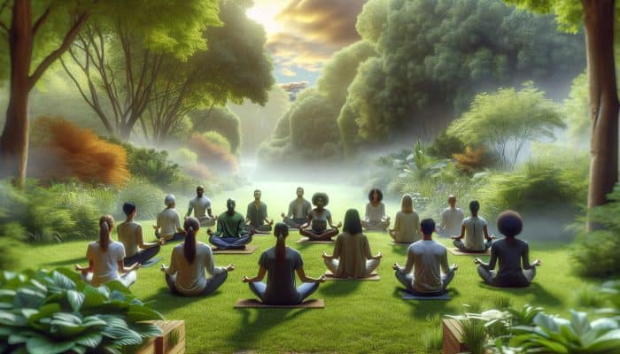 A diverse group practices mindfulness meditation and yoga in a serene garden, symbolizing strategies for managing chronic pain and mental health.