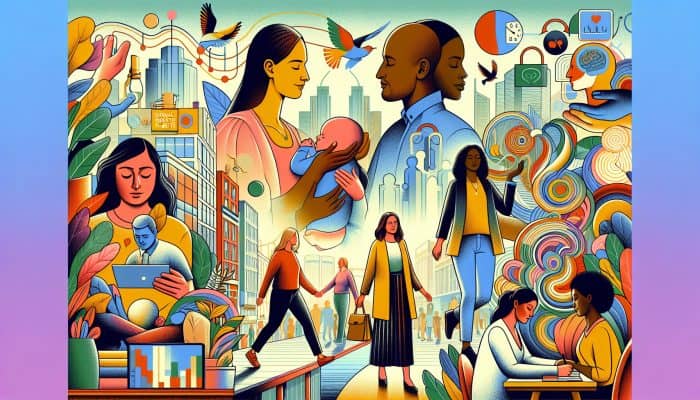 Understanding Mental Health Basics: Serene illustration of diverse individuals in the UK navigating workplaces, relationships, and urban scenes, symbolising emotional balance and wellbeing as per NHS.