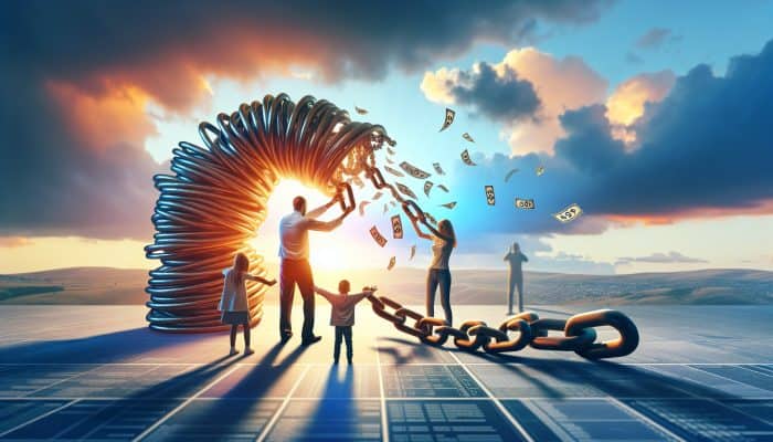 A stressed parent merges scattered debt chains into a glowing rope, with family embracing under a hopeful sunrise, symbolizing financial relief and unity.