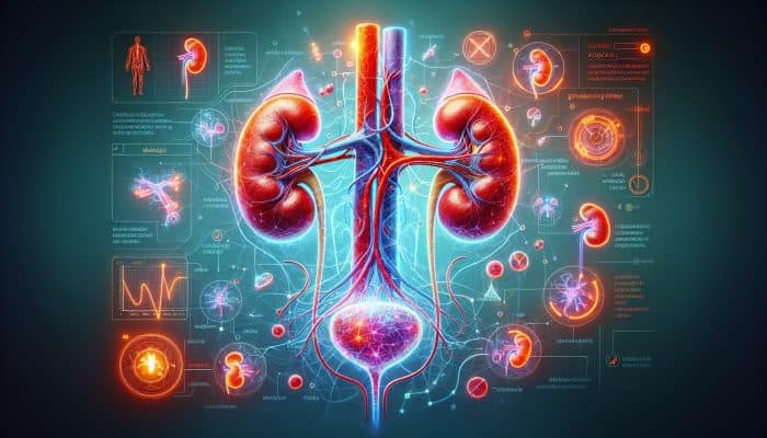 How to Improve Kidney Health: Anatomical diagram of kidneys filtering blood, removing waste into urine, and regulating electrolytes and blood pressure.