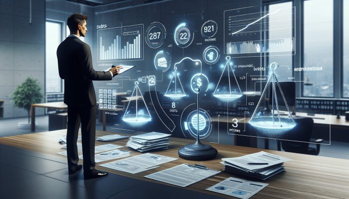 Professional in UK office reviews financial documents and credit report on screen, with debt charts, FCA logos, and balance scales.