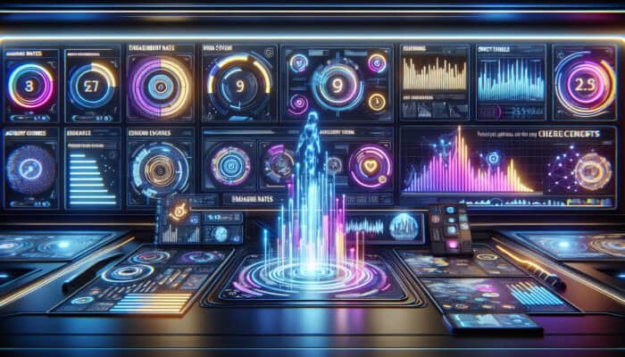 A futuristic digital dashboard displaying graphs of increasing engagement rates, accuracy scores, and resolution times for AI chatbots, featuring holographic elements.