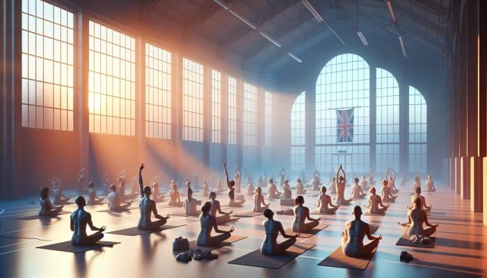 Diverse individuals practicing yoga poses in a UK community centre, focusing on breath amid urban bustle, with soft morning light evoking calm.