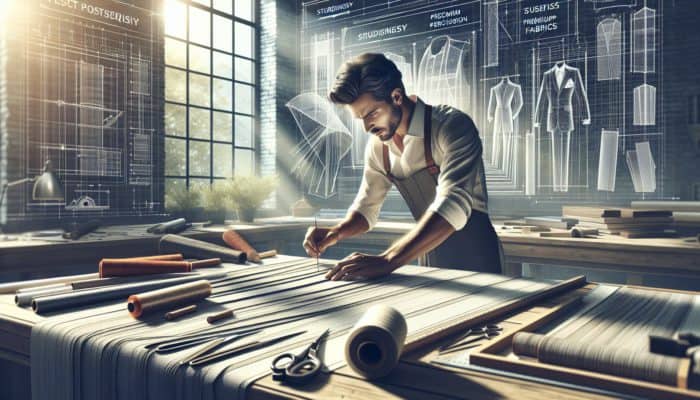 Constructing Power Fringes with Straight Cuts: An artisan in a sunlit workshop selects high-quality fabrics and tools for precise power fringe crafting, surrounded by organized materials.