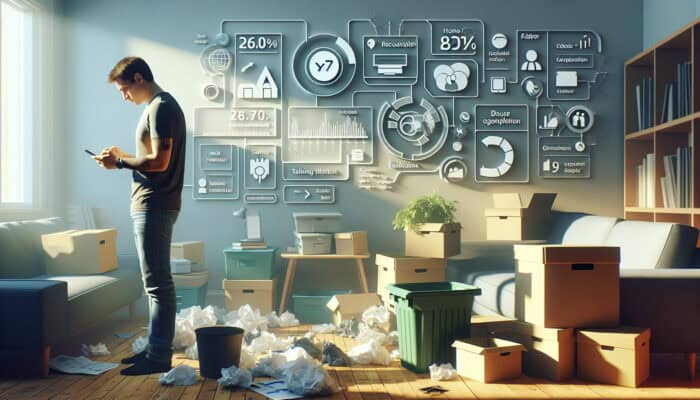 A focused person in a sunlit, cluttered living room holds a smartphone with a task-tracking app, surrounded by boxes, bins, and a calendar during house clearance.