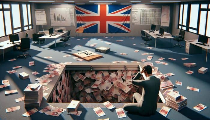 Debt Consolidation After Bankruptcy Discharge | DCL Stressed individual in London office amid scattered pound notes and documents, overlooking trapdoor labeled "Hidden Fees" with Union Jack background.