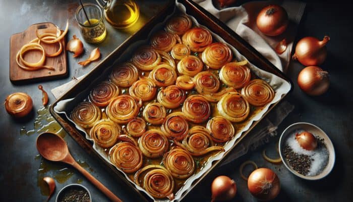 Close-up of golden-brown caramelised onions roasting evenly on a baking sheet with oil and herbs in a warm oven.