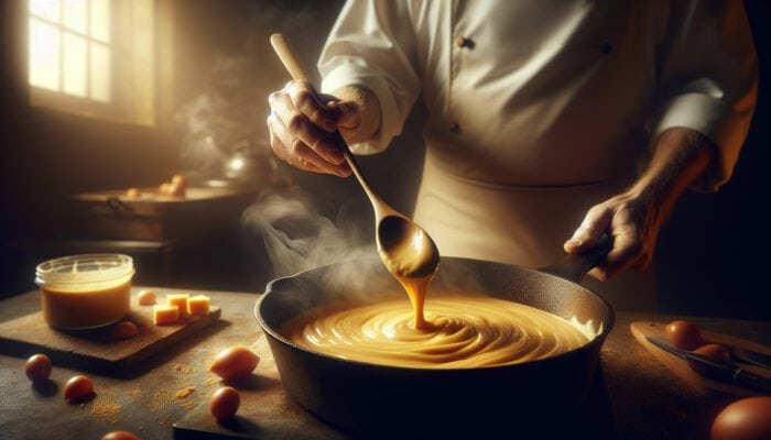 Chef stirring golden roux in a cast-iron pan, testing thickness with a wooden spoon as steam rises in a rustic kitchen.