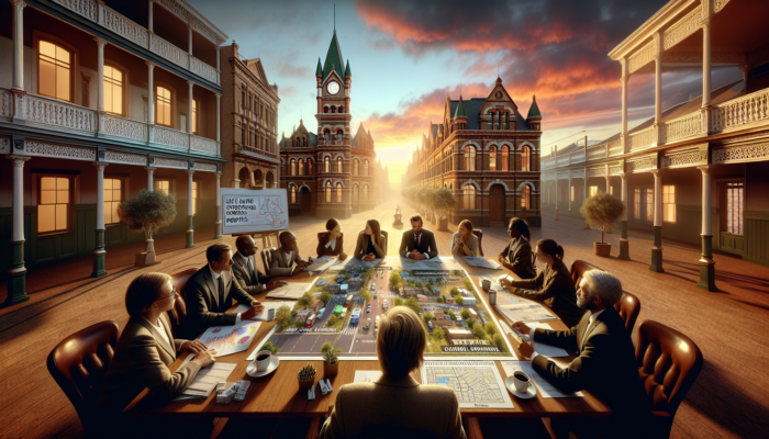 Experts in professional attire discussing enhancements to school zones in Graaff-Reinet, surrounded by Victorian architecture and maps under a vibrant sunset.