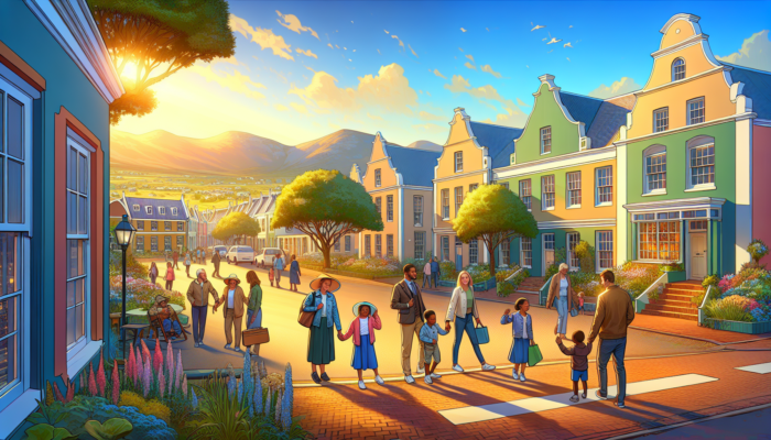 A lively street in historic Graaff-Reinet featuring Cape Dutch houses, lush gardens, with families walking to school under a sunny sky.