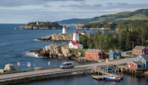 A scenic Canadian Maritimes village with colorful houses, a red and white lighthouse on rocky cliffs, and a bridge in the background. A van cruises scenic routes by the water, with lush green hills and forests under a partly cloudy sky.