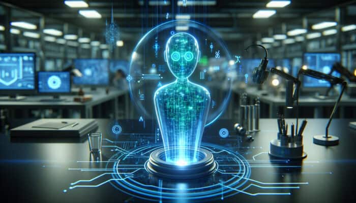 Holographic virtual assistant glowing with blue and green circuits interacts with users in a high-tech lab, surrounded by data streams.