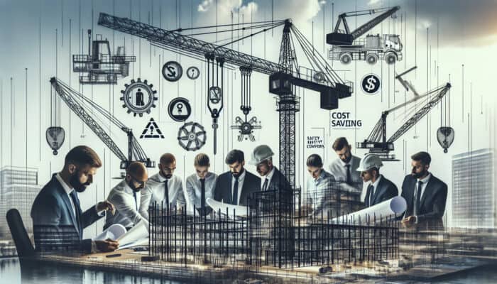 UK lifting specialists in a modern office reviewing blueprints and cranes, with symbols of cost savings, safety gear, and compliance in a construction site backdrop.