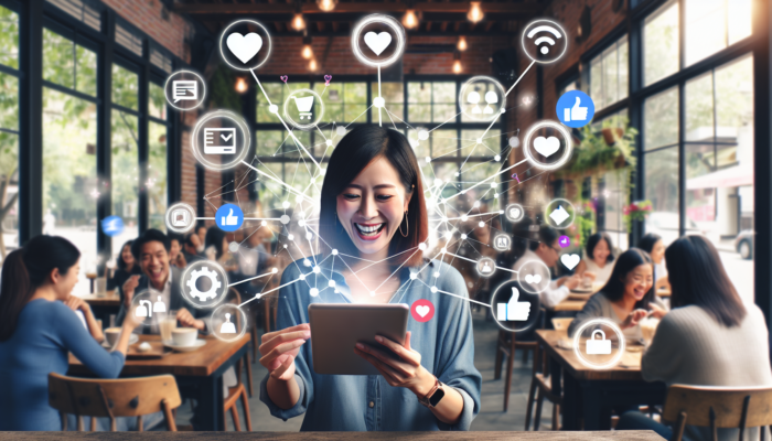Business owner in a cozy cafe analyzes social media analytics on a tablet, surrounded by icons of likes, shares, and customer networks.