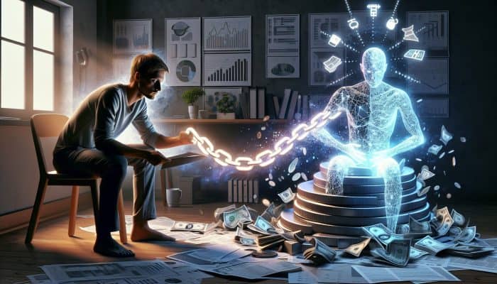 A relieved person in a cozy home office examines a simplified budget chart as tangled debt chains dissolve into light.