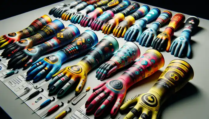 Customised latex gauntlet gloves with vibrant logo, assorted colours, extended lengths, padding, enhanced grips, and temperature resistance on a workbench.