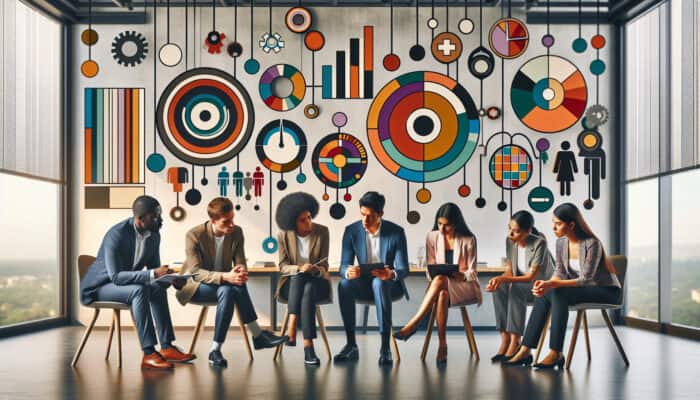 A diverse team in a modern office analyzes charts on recruitment diversity, employee surveys, and retention rates, surrounded by equality symbols.