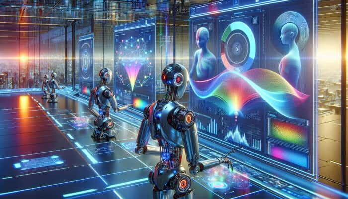 In a futuristic business hub, sleek AI robots manage digital dashboards, showing soaring growth charts and loyal customers for scalable efficiency.