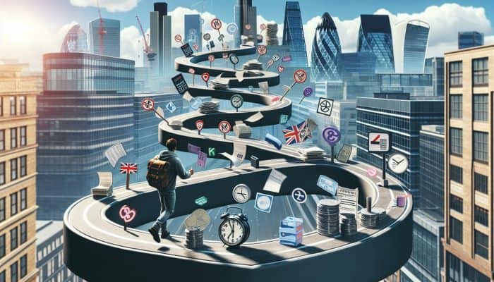 Determined person navigates winding path in bustling UK city, surrounded by clocks, loan documents, and stamps, symbolising variable debt consolidation timelines.