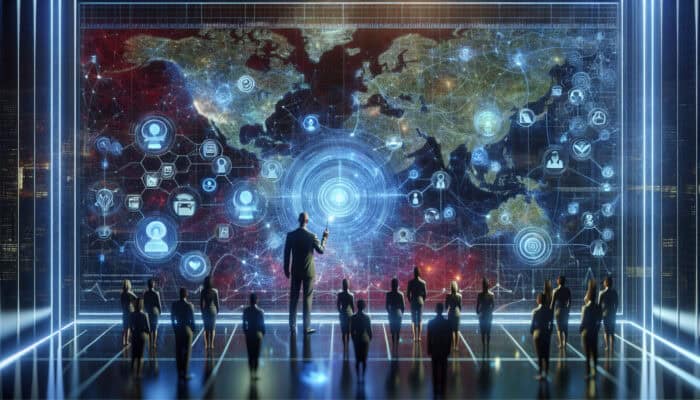 A host in a high-tech command center analyses glowing social media streams, inspiring innovative event setups with diverse attendees.