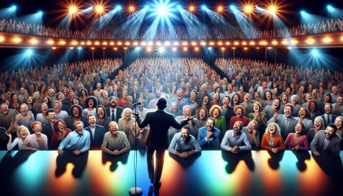 A charismatic speaker on stage sharing jokes, with a diverse audience laughing and engaging in discussion in a warmly lit auditorium.