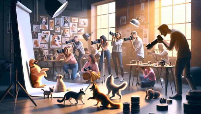 Pet Photography Workshops: A vibrant pet photography workshop with participants capturing playful dogs and cats under soft lights, guided by an instructor on techniques.