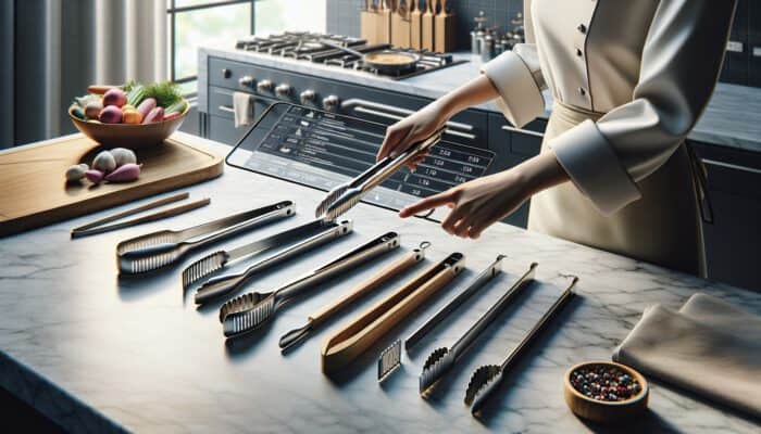Chef's hand selecting stainless steel, silicone, and wooden tongs on a marble counter in a modern kitchen with usage labels.
