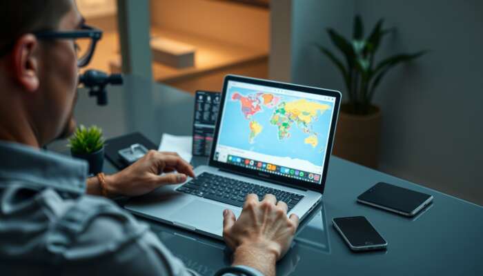 A traveler at a sleek desk organising vacation logistics on a laptop, displaying flight bookings, hotel reservations, and a colourful itinerary map.