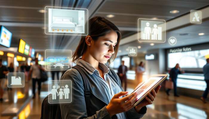 A traveller in a bustling airport lounge reads hotel reviews on a tablet, surrounded by holographic images of clean rooms and friendly staff.