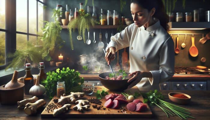 Vibrant kitchen scene: fresh coriander and ginger on a wooden board with Australian spices; chef marinates meat and garnishes steaming dish.