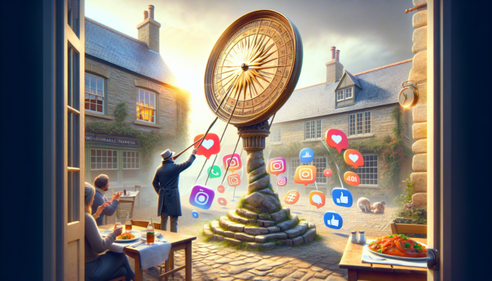 A small business owner in Midsomer Norton reviewing Instagram metrics on a laptop, surrounded by engagement icons and an image of a new dish.