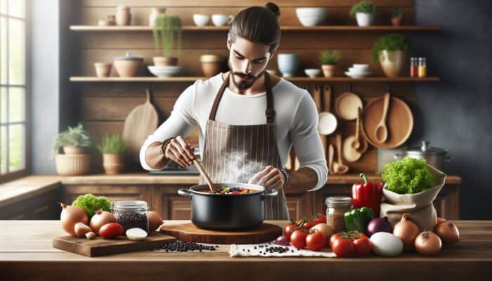 A vibrant kitchen scene: cook in apron stirring steaming pot of vegan chili; fresh tomatoes, beans, onions on wooden board with herbs.