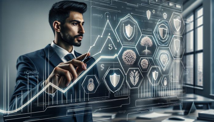 Financial advisor in a modern London office reviewing credit reports on a screen with rising graphs and shields.