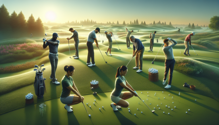 Dedicated golfers warming up on a dew-kissed fairway at dawn, stretching, swinging clubs, and practising putts beneath a soft sunrise glow.