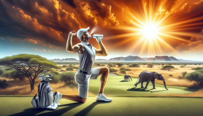 A golfer warming up with stretches on a sunny course near Kruger National Park, with savanna hills and wildlife in view, sipping a drink and applying sunscreen.