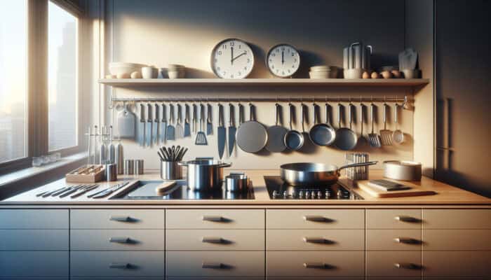 How to Make Dinner in 15 Minutes: A well-organised modern kitchen counter with sharp knives, sturdy pans, and measuring cups, lit by soft morning light.