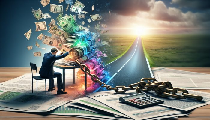 A professional advisor guides a stressed person: colorful debt bills merging into one document, chains breaking, and a bright path to financial freedom.