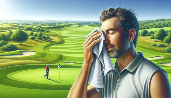 A professional golfer wipes sweat on a lush green course with a high-quality, ultra-absorbent towel under the sun.