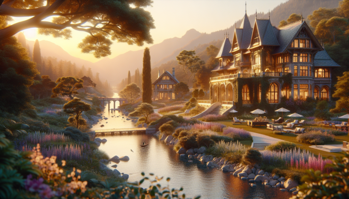 A luxurious estate at golden hour: grand manor with ornate architecture, clear creek, verdant gardens, stone bridges, wildflowers, and misty mountains.