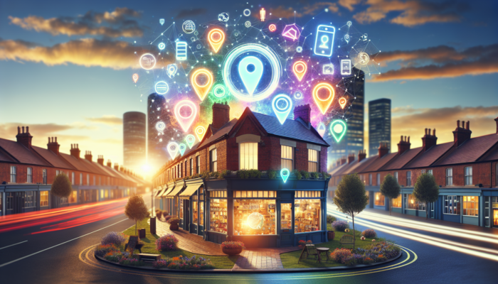 A vibrant Clevedon small business storefront with floating SEO icons and mobile devices, symbolising 30-50% traffic growth, against Birmingham's skyline.