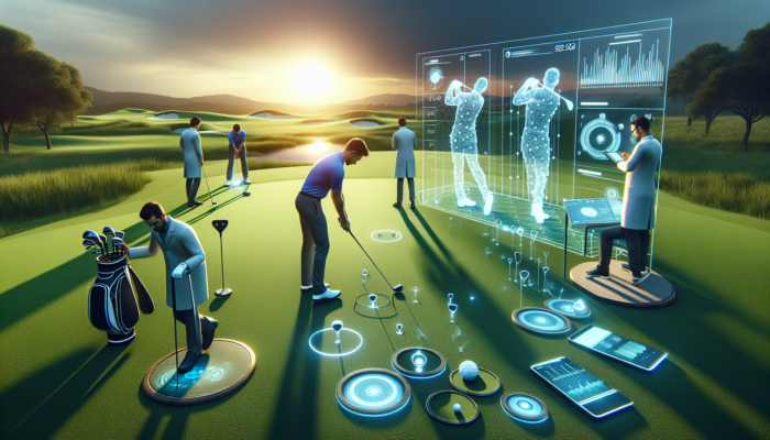 Futuristic golf course at dawn: professionals testing AI clubs, wearable devices, and holographic simulators with experts analyzing data.