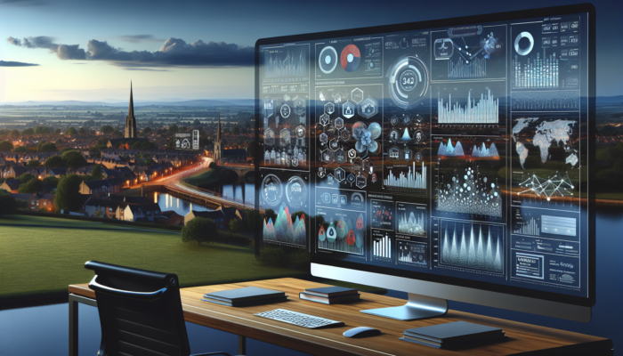 Dynamic dashboard in a modern office displaying colorful graphs of analytics metrics and audience feedback surveys against Sherborne skyline.