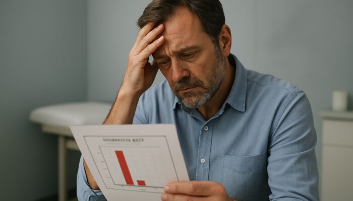 Weary middle-aged man in clinic examining low testosterone blood test report, reflecting fatigue and distress.
