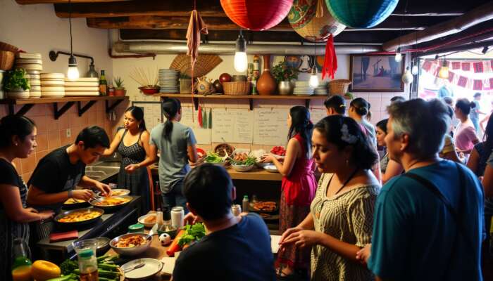 Diverse students in San Miguel de Allende preparing Mexican dishes, dancing in colourful workshops, and joining lively festivals with locals.