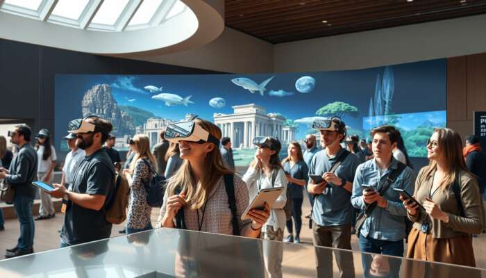Travelers utilising digital tools and immersive displays to organise and discover historical and cultural sites