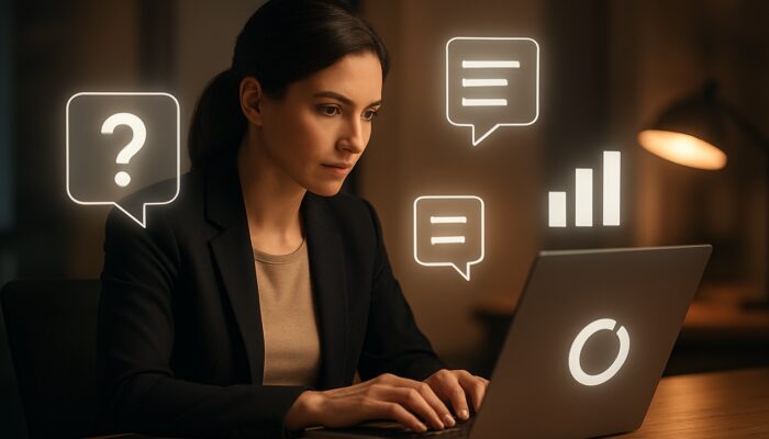 Professional creating a LinkedIn poll on a laptop, surrounded by question icons and engagement charts in a warm office setting.