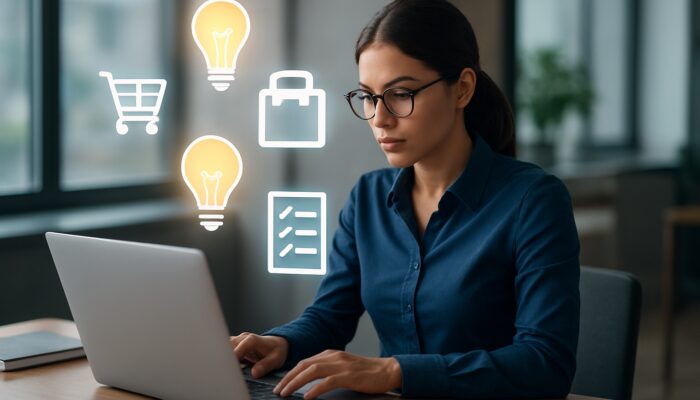 Digital marketer creating e-commerce content at a desk surrounded by floating icons and ideas.