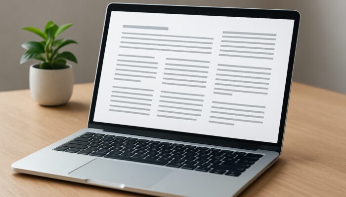 A laptop screen displaying a clean blog page with sans-serif fonts, well-spaced paragraphs, and a balanced layout.