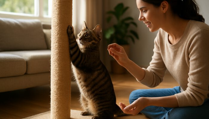 Tabby cat scratching a sisal post while the owner offers a treat in a sunlit living room.